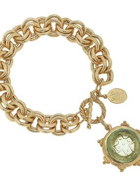 Gold-Tone Chunky Rope Link Charm Bracelet with Green Glass Accent